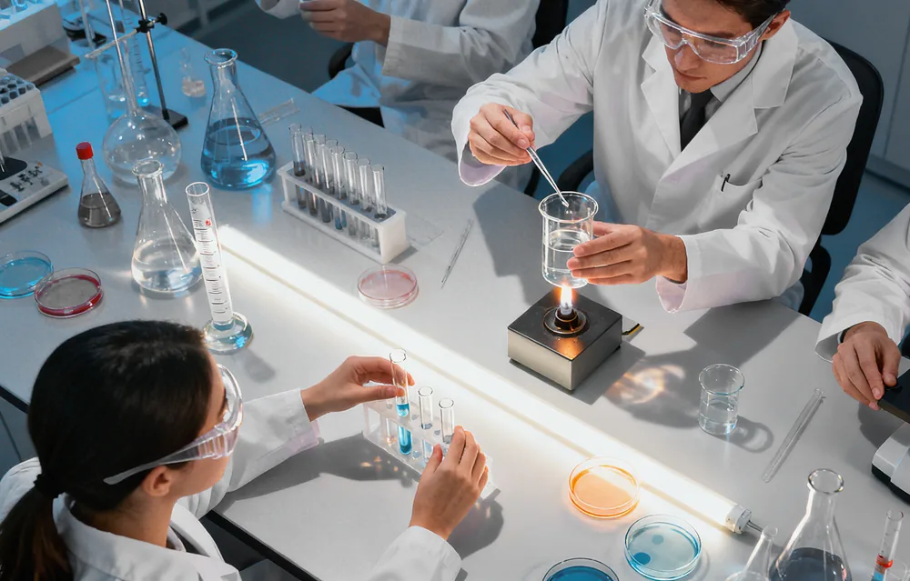 Scientists in lab coats running tests in a laboratory