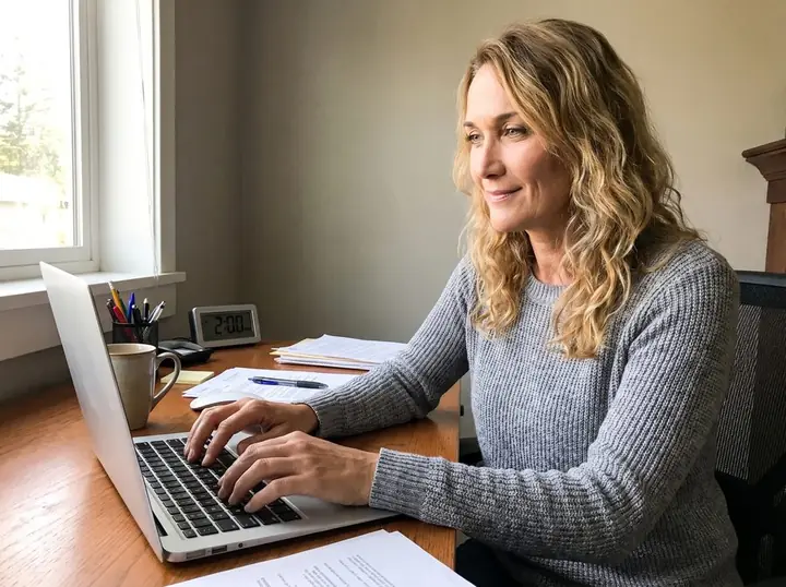 Woman working at her laptop at a home desk