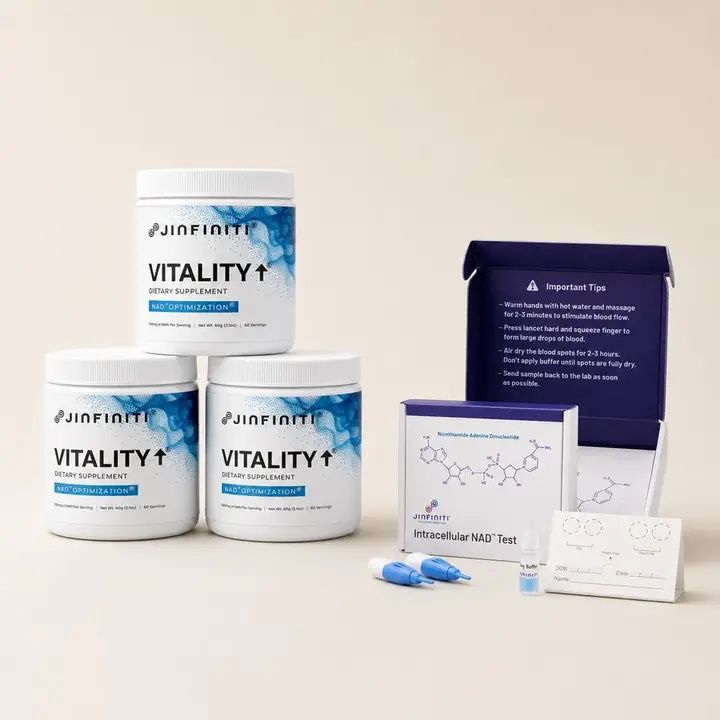 Three Jinfiniti Vitality+ NAD+ jars stacked beside an opened Intracellular NAD Test kit with lancets and collection card